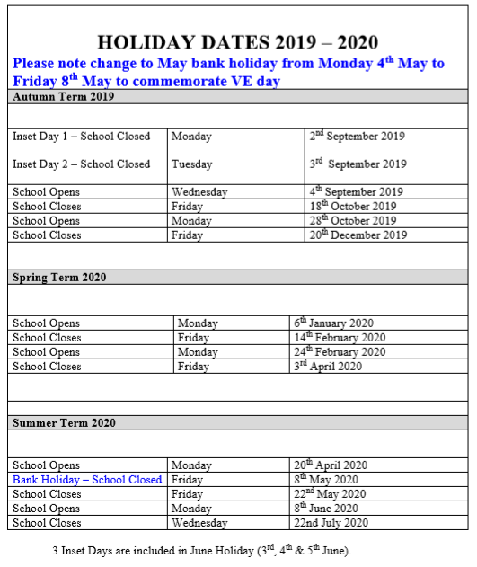 Holidays – Moorside CP Academy